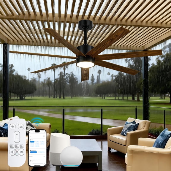 56" Smart Ceiling Fan with Light, Works with Alexa App Remote Control, Large Airflow Quiet DC Fan for Farmhouse Outdoor Patios, Wet Rated Reversible 5 Blades