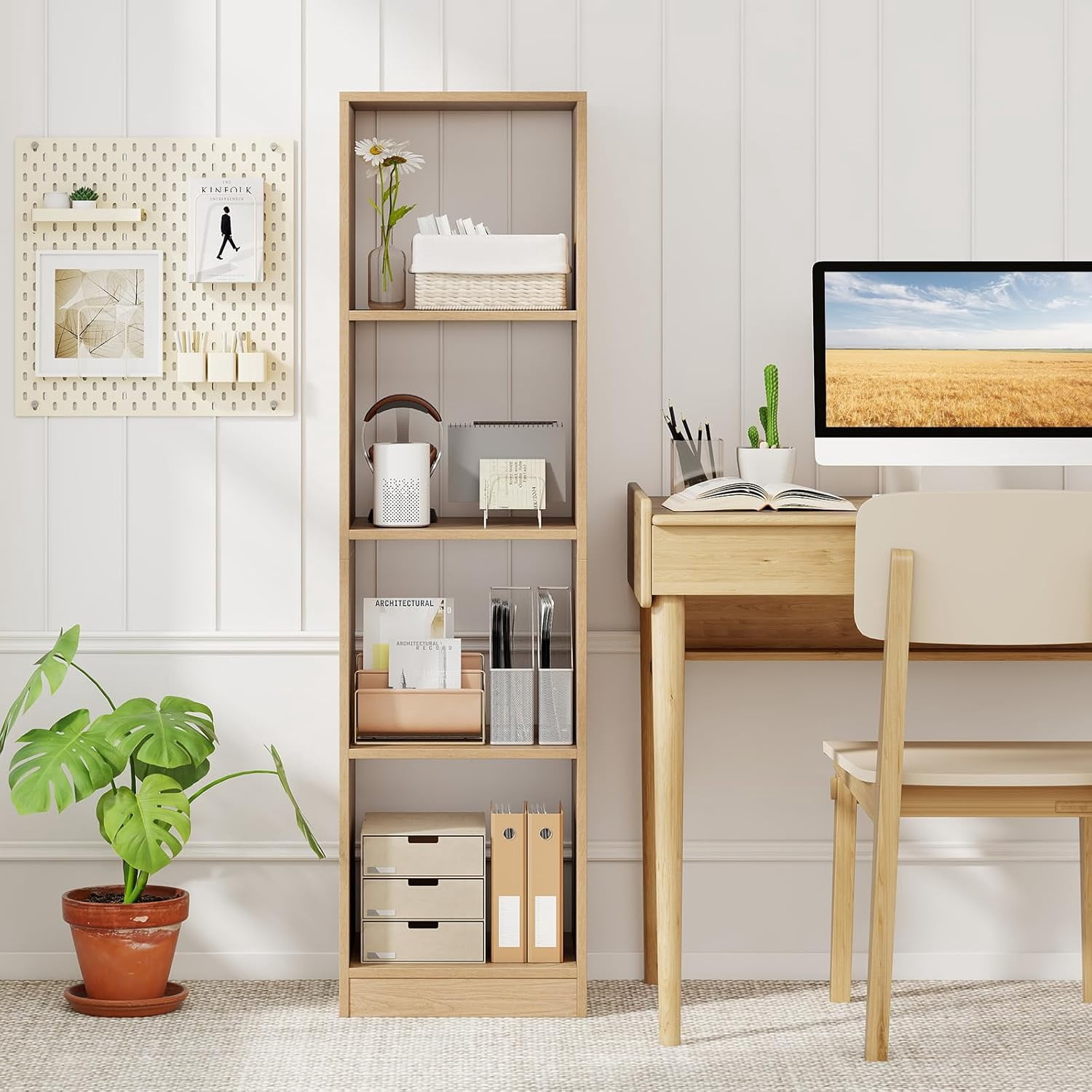 56" Tall 4 Cube Bookcase, Natural Freestanding 15" Wide 5-Tier Narrow Open Display Bookshelf w/ 4 Anti-Tipping Kits, Wooden Cube Storage Organizer for Small Place, Living Room, Bedroom