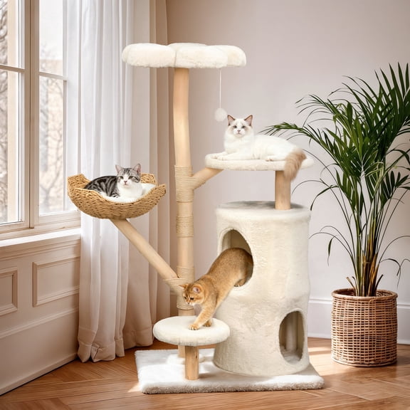 56" Tall Multi-Level Cat Tower Tree Cat Activity Tower Play Center Wood Cat Furniture with Flower Perch and Basket for Big Cats
