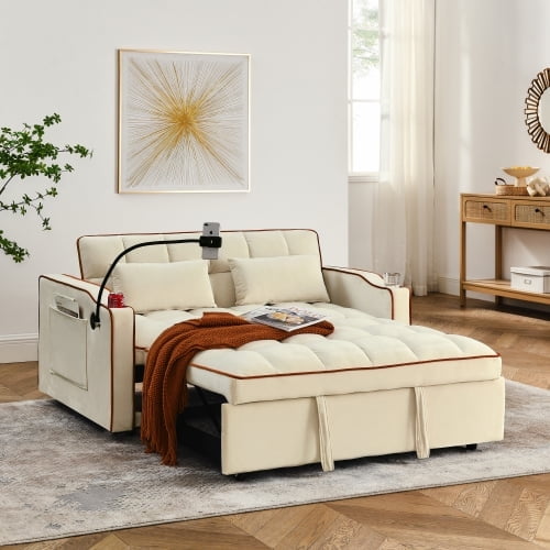 56" Velvet Convertible Loveseat Sleeper Sofa Bed, Pull-Out Loveseat with Adjustable Back, Convertible Sofa Bed Couch with Swivel Phone Stand for Living Rooms, Offices, Beige