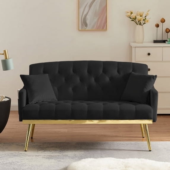56" Velvet Loveseat Sofa, Small Loveseat with Tufted Design, Traditional Sofa with Metal Legs for Living Room, Black