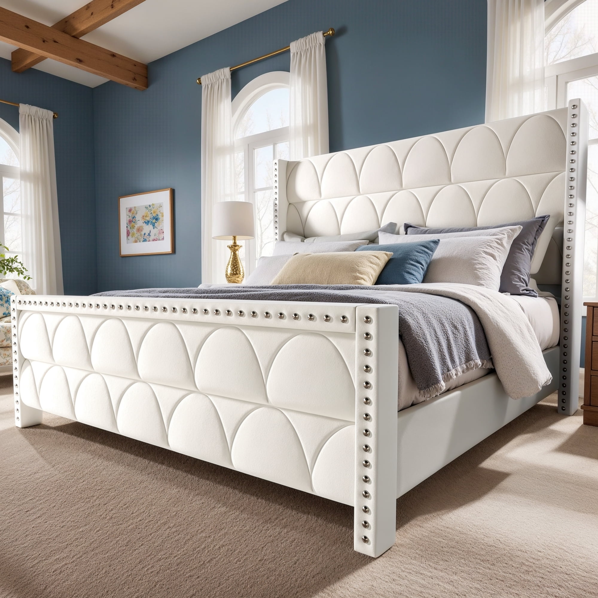 56" Velvet Upholstered Bed Frame with Wingback Headboard, Nailhead Trim, Wood Slat Support, No Box Spring Required