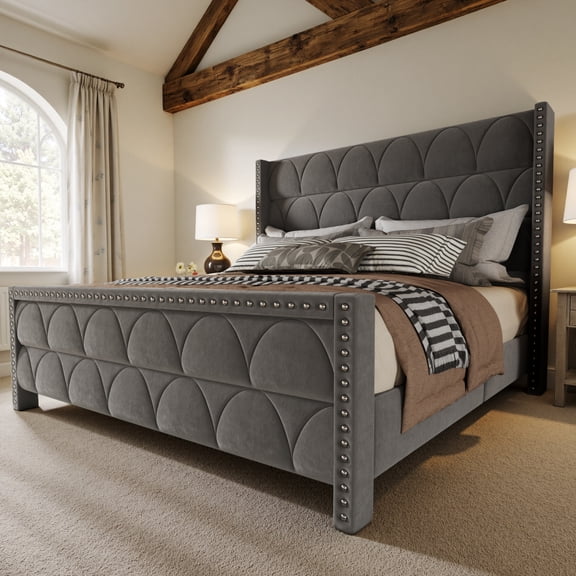 56" Velvet Upholstered Bed Frame with Wingback Headboard, Nailhead Trim, Wood Slat Support, No Box Spring Required