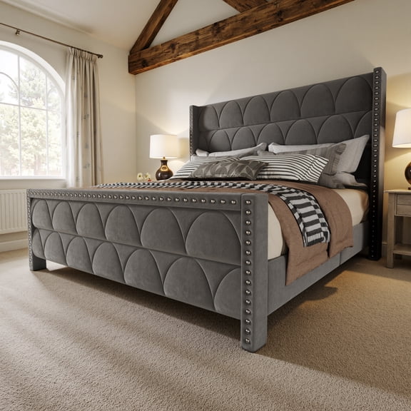 56" Velvet Upholstered Bed Frame with Wingback Headboard, Nailhead Trim, Wood Slat Support, No Box Spring Required