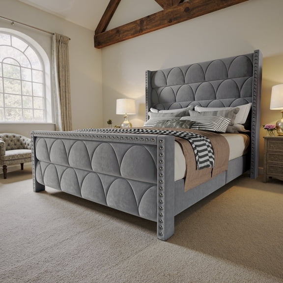 BrooveWave 56.3 in H Velvet Upholstered and Wingback Headboard Standard Bed Frame, Queen Beds with Nailhead Trim