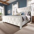 thumbnail image 1 of 56" Velvet Upholstered Bed Frame with Wingback Headboard, Nailhead Trim, Wood Slat Support, No Box Spring Required, 1 of 10