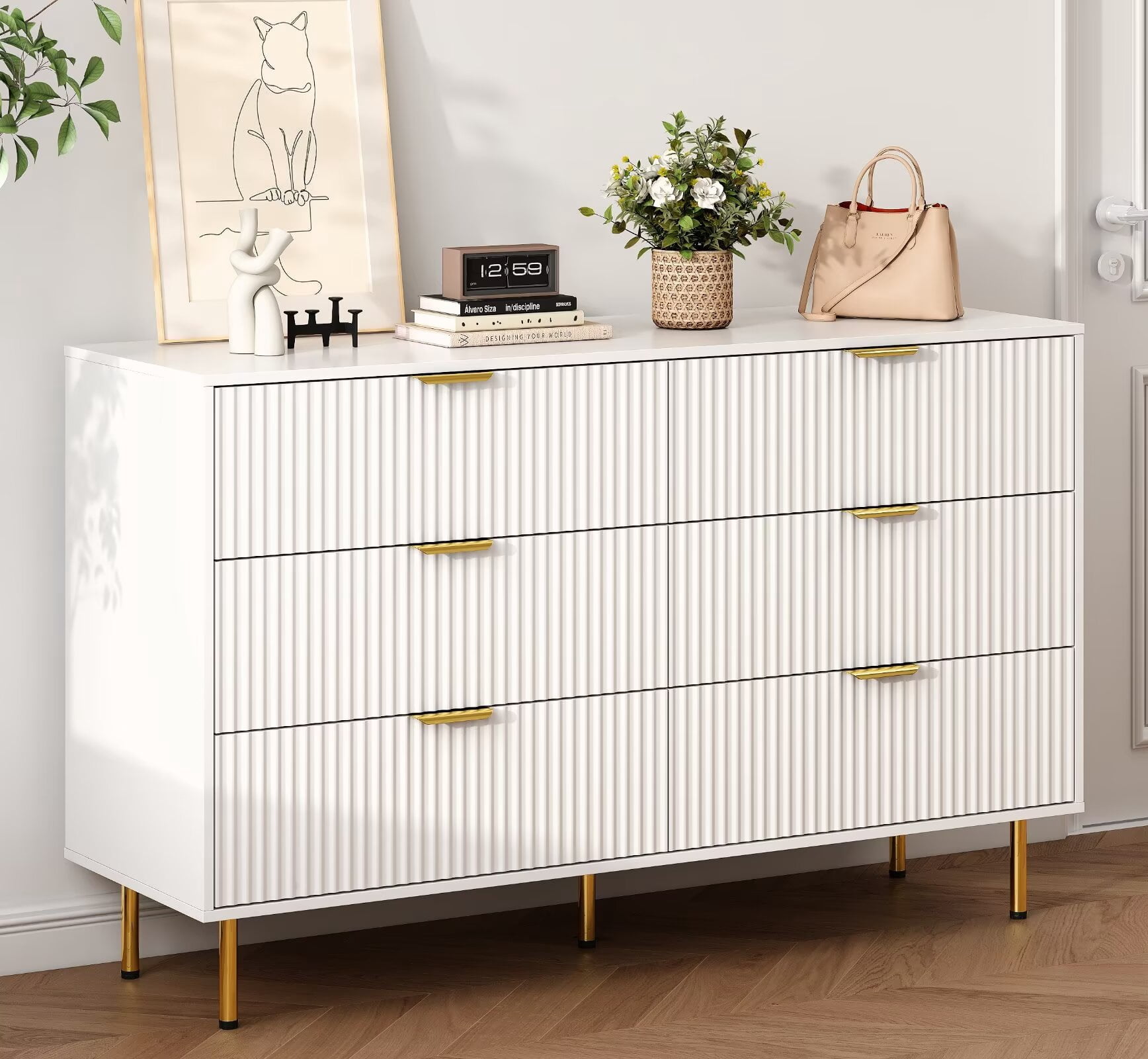 56" Wide White 6 Drawers Dresser for Bedroom, Fluted Storage Chest of Drawers Living Room