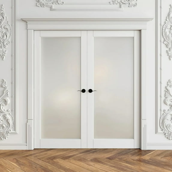 56" X 80" 1-Lite Interior Glass French Door Frosted Double Doors With Installation Hardware Kit /Handles