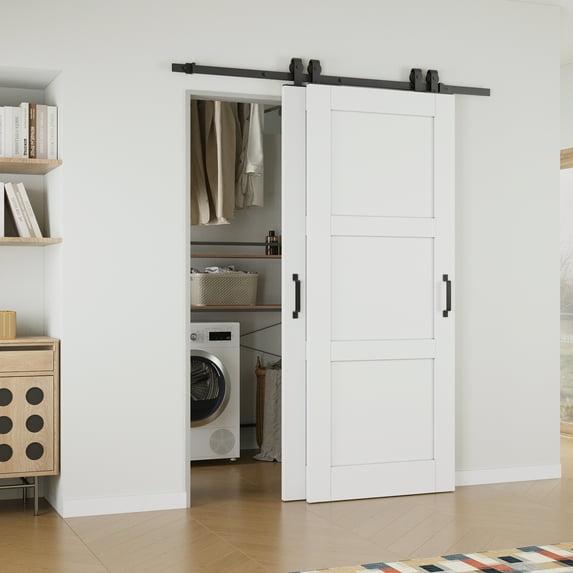 56" X 80" 3-Lite Panel White Primed Solid Core Sliding Bypass Barn Door Double Doors with Hardware Kit