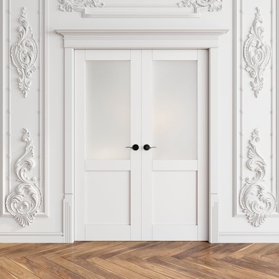 56" X 80" Interior Frosted Glass Paneled French Doors Solid Double Doors With Hardware Kit / Handles