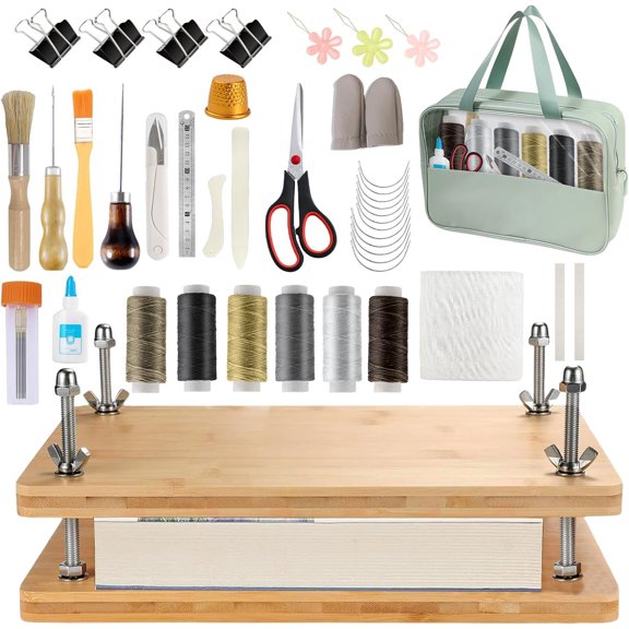 56 count Bookbinding Supplies Kit -6-Color Thread , Awl, Scoring Folder, Book Cloth & Storage Bag, 11.6 x 7.8 Inch Book Repair Kit, Wooden Bookbinding Press for DIY BookRepair, Crafs