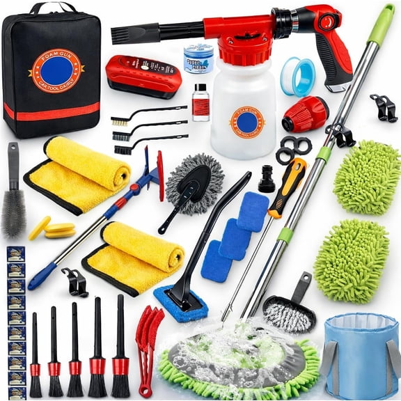 56 count Wash Cleaning Kit with , Wash Brush with Long Handle, Detailing Kit, Wheel Brush for Cleaning Supplies, Adjustable Hose Wash Sprayer-Quick Connector to Any Hose