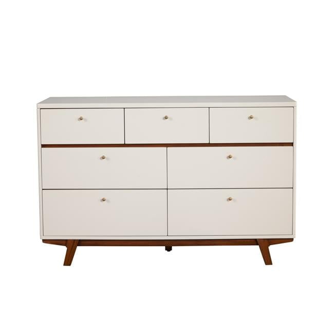 56" White and Brown Mahogany Mid-Century Modern Double Dresser