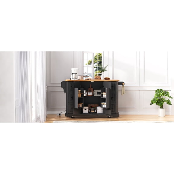 56-inch Kitchen Island with Drop Leaf, Power Outlet | Ideal for Kitchen & Dining Room, Offers Large Storage & Convenient Charging
