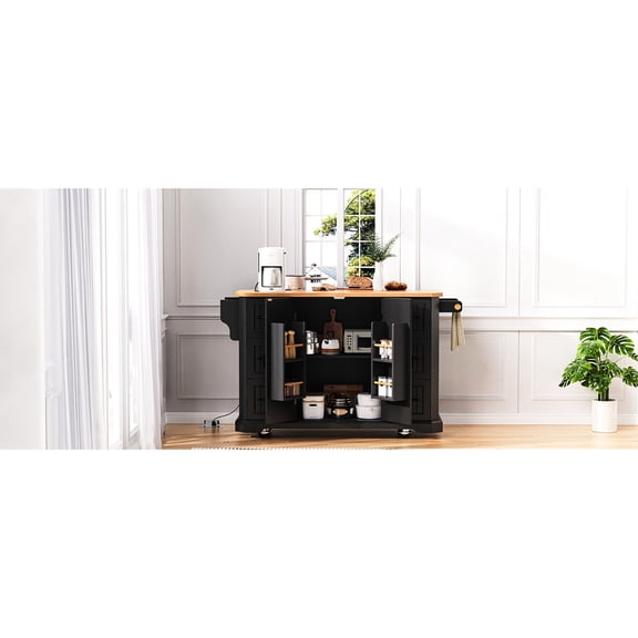 56-inch Rectangular Kitchen Island | Built-in Power Outlet, Drop Leaf for Space Optimization | Rubber Wood Table and Eco-friendly MDF | Ideal for Kitchens with Power and Space Needs