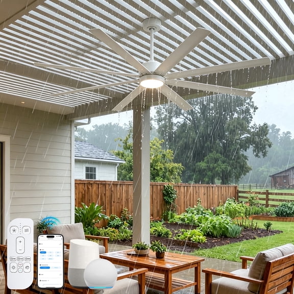 56 inch White Ceiling Fan with Light, Waterproof Outdoor Fans for Patios, 6 Speed Quiet Reversible DC Motor Modern Smart Fan for Indoor Outside Bedroom Kitchen Garage