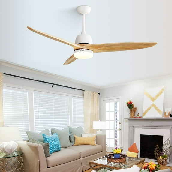 56 inch Wood Ceiling Fan Indoor w/Light and Remote Control 3 Wood Blades Bedroom - Blades Span 56 Inches White with Burlywood Blades