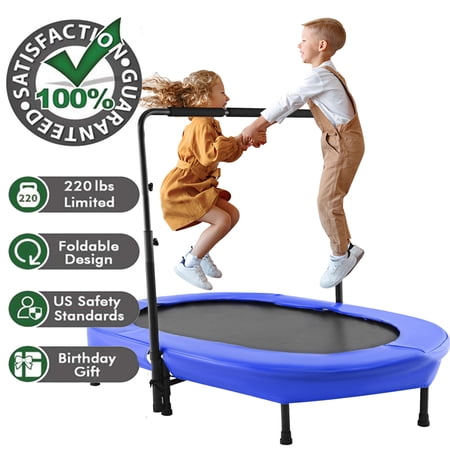 56 inches Twin Trampoline with Adjustable Handle Foldable Trampoline for 2 Kids Toddler Indoor Outdoor Play Fitness Exercise Workout Max Load 220 lbs