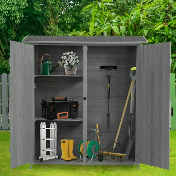 56"l X 19.5"w 64"h Garden Storage Cabinet With Lockable Door And Detachable Shelves. Gray, Fir Wood, Waterproof Roof For Outdoor Equipment Shed Shelves Pool Supplies.