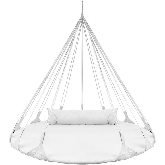 **56" stylish hanging swing nest - premium cotton double hammock daybed saucer style lounger swing chair- 264lbs sturdy spinner tree w/pillow - easy setup - for indoor/outdoor, travel - white