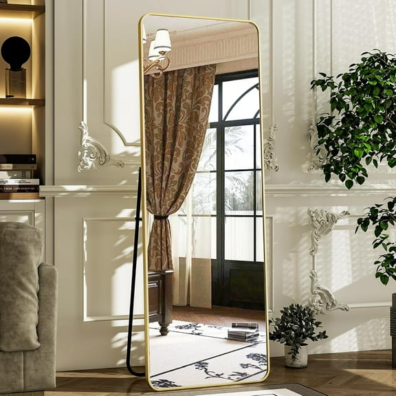 56" x 21" Rounded Full Length Mirror Aluminum Frame Gold Mirror Full Length Floor Mirror with Stand for Living Room Bedroom Cloakroom