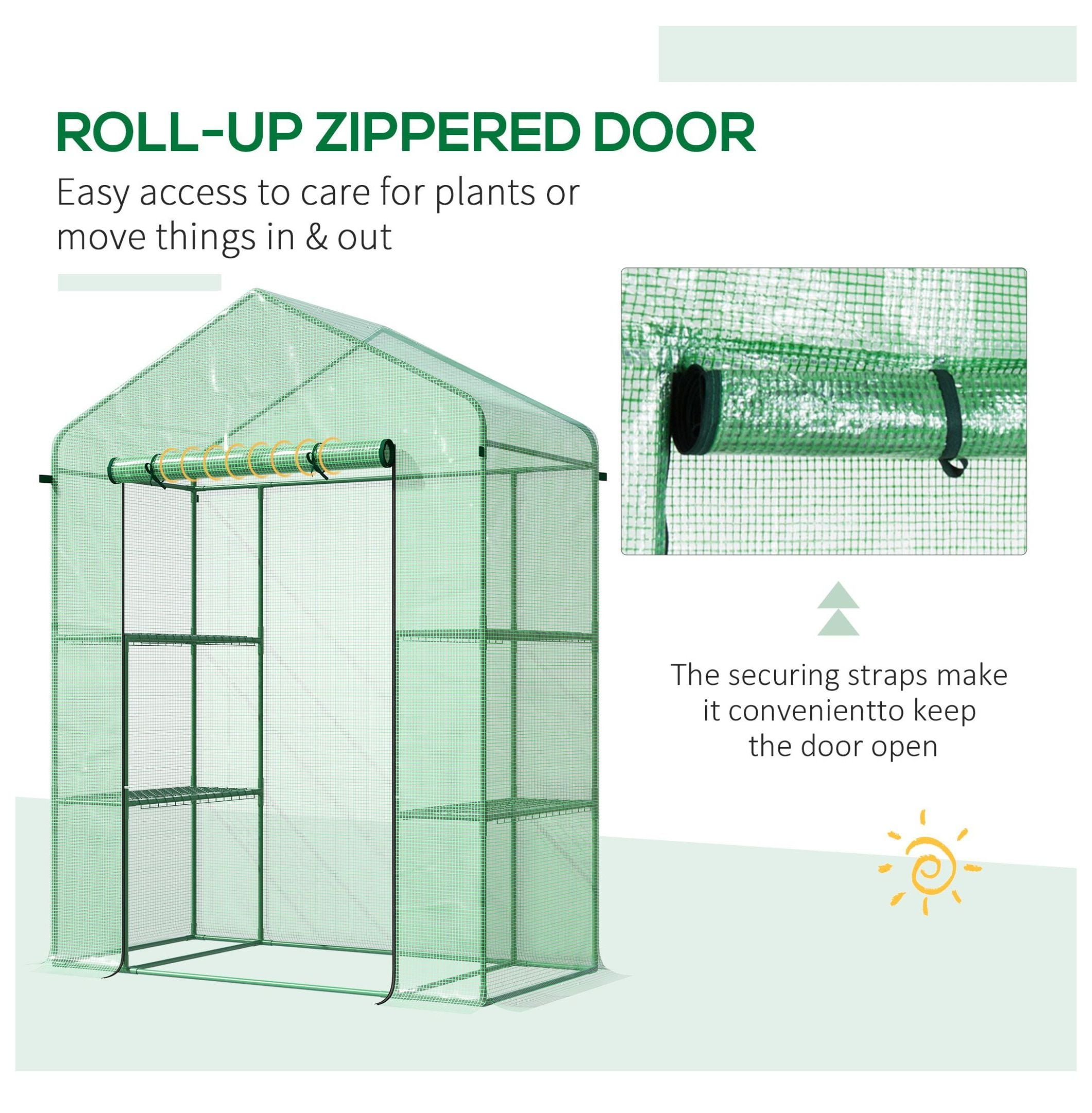 56" x 29" x 77" Walk-in Greenhouse, Garden Hot House with 3 Tier Shleves, Roll-Up Door and PE Cover, Green
