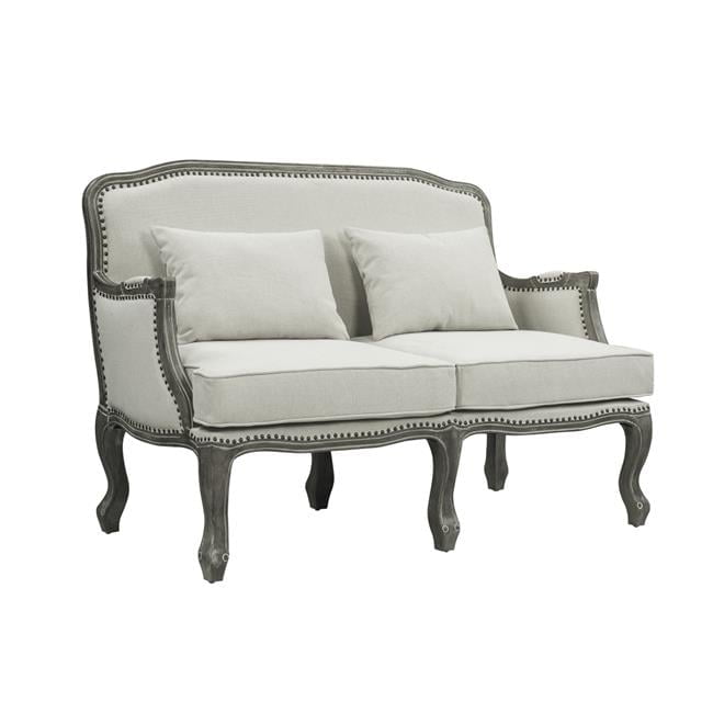 56" Cream Linen and Brown Wood Nailhead Loveseat