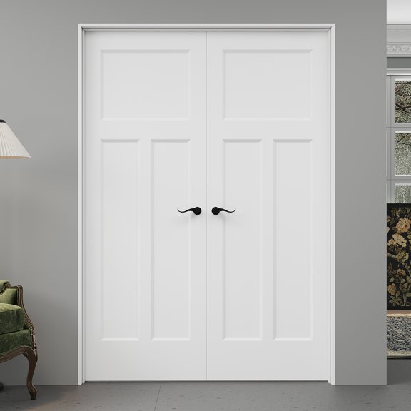 56" x 80" T Shape Double Doors with French Door Ready-to-Assemble Jamb, Molded Solid Core Door, Black Levers & Hinges, Interior Door, Pre-finished & Paintable, White