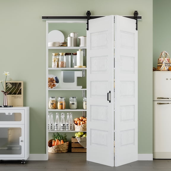 56'' x 84'' Molded Bifold Barn Doors and Hardware Included, White Smooth Paintable Pre-assembled Solid Core Panels & Bi-fold Barn Door Hardware Kit, 5 Panel Design-Fit Max Opening 54in x 84in