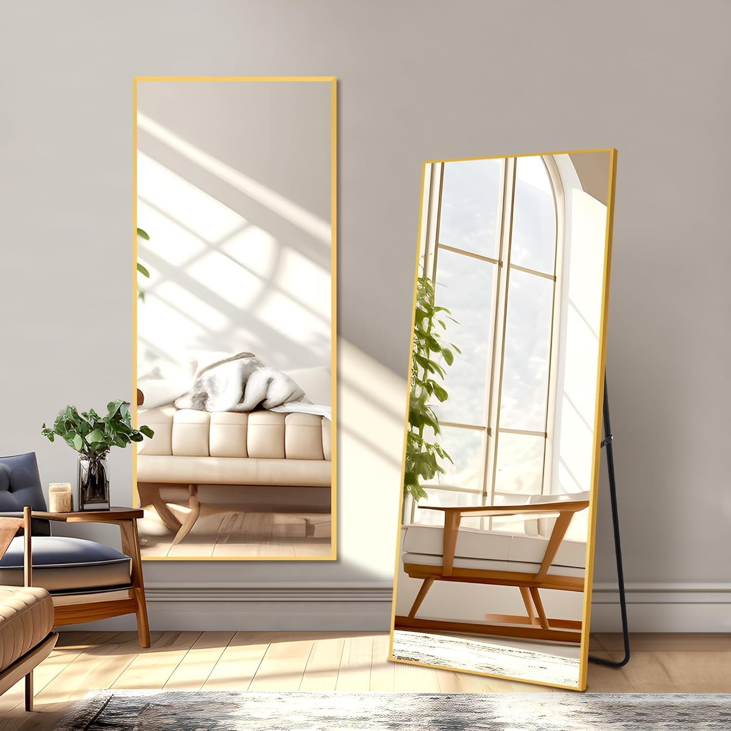 56"x19" Full Length Mirror with Aluminum Alloy Frame, Gold Free Standing or Wall-Mounted Full ...