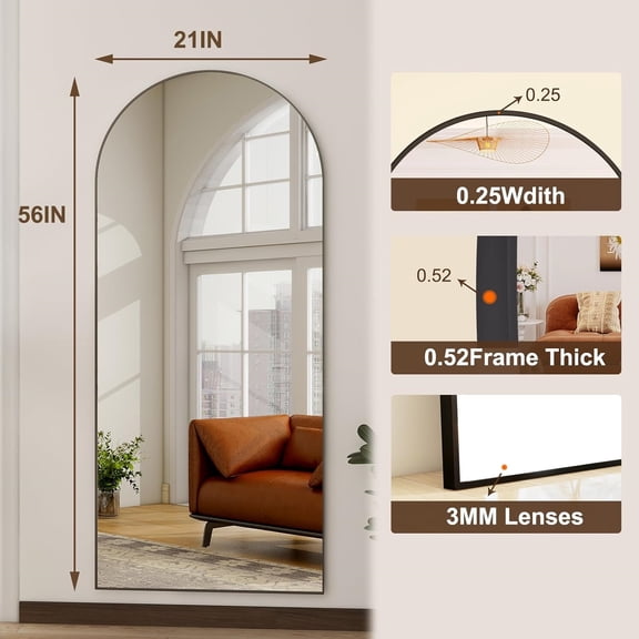 56"x21"Full Length Mirror Arch Floor Mirrors with Aluminum Alloy Frame Free-Standing Wall Mounted or Leaning Large Bedroom Dressing Mirror Modern & Contemporary Dr for Home,Black