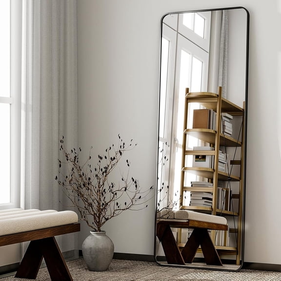 56"x21" Full Length Mirror, Black Rounded Corner Aluminum Frame Floor Standing Mirror Hanging/Leaning Wall for Living Room Bedroom Cloakroom
