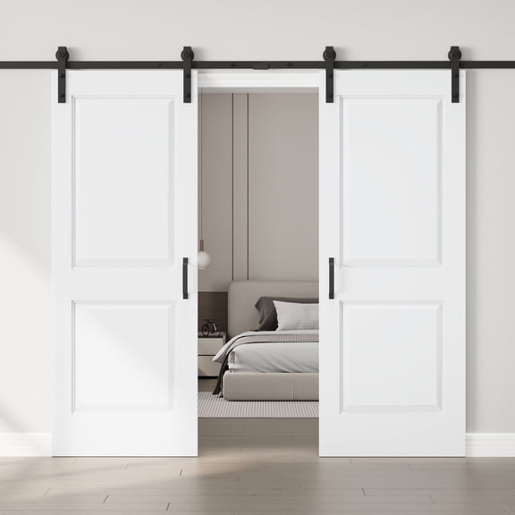 56"x80"(2 Sets of 28") 𝗡𝗼 𝗔𝘀𝘀𝗲𝗺𝗯𝗹𝘆 𝗥𝗲𝗾𝘂𝗶𝗿𝗲𝗱 𝗣𝗮𝗻𝗲𝗹, Sliding Barn Door With Installation Hardware Solid Manufactured Wood Primed White Surface Paintable Closet Pantry Doors