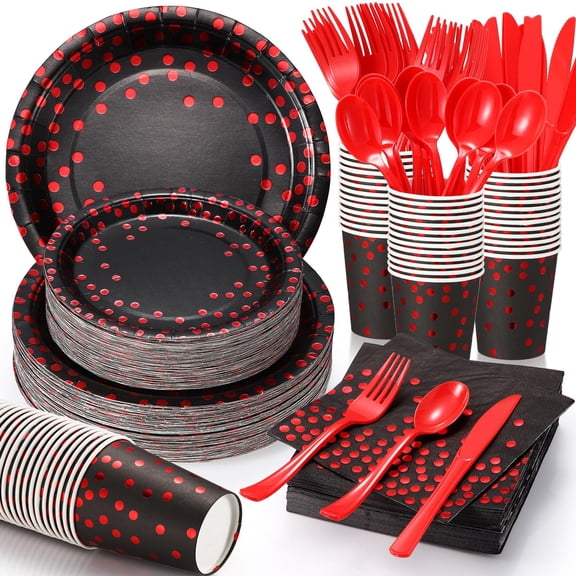 560 Pcs Black and Red Party AFN1Supplies for 80 Guests - Disposable Dinnerware Set with Black and Red Paper Plates, Napkins, Cups, Plastic Forks, Knives and Spoons for Birthday, Wedding