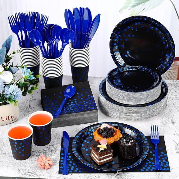560 Pcs Blue and Black Party Supplies Halloween Paper Plates for 80 Guests with Disposable Paper Cups Forks Knives Spoons and Napkins for Thanksgiving Christmas Birthday Anniversary Dinnerware