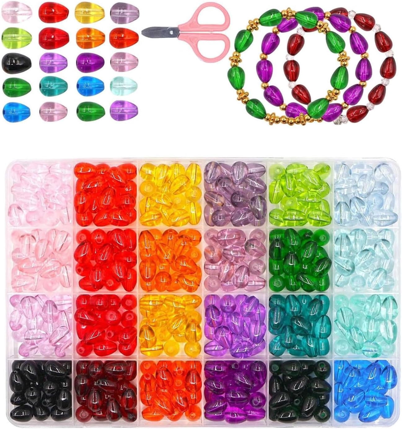 560 Pcs Glass Beads for Jewelry Making, 6x12mm Round Beads in 24 Colors – Elastic String Included, DIY Bracelet Necklace Kit, Smooth Frosted Beads for Crafts, Gifts for Teens Adults (A)