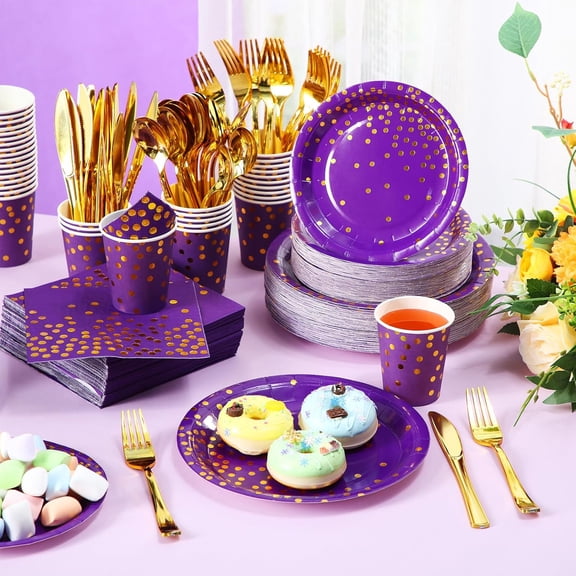 560 Pcs and Gold Party Plates for 80 Guests Disposable Dinnerware Set Dessert Paper Plates with Napkins Cups Gold Plastic Forks Knives Spoons for Birthday Wedding Party Supplies