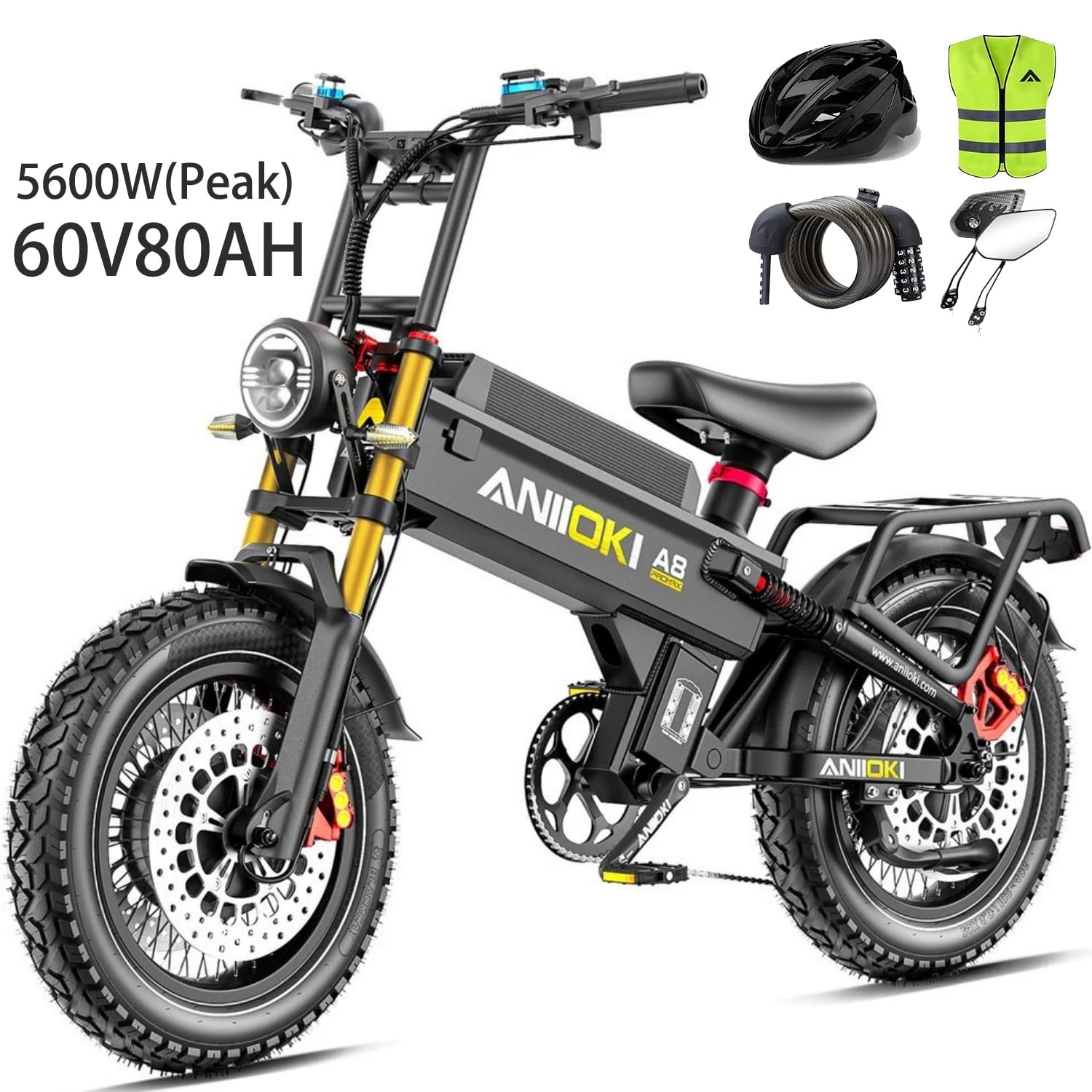 5600W(Peak)Dual Motor eBike,A8 PRO MAX Electric Bike,45MPH 60V80AH Electric Bike for Adults,200Miles Long Range,20x4 Fat Tire All Terrain Ebikes,Full Suspension E Bike,7-Speed Gear,5" Display UL2849