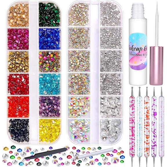 5608Pcs Makeup Rhinestones with Face Glue, Flatback Colorful Face Gems Crystal AB&Clear Eye Jewels with Pickup Dotting Tools for Eye, Body Makeup, Nail Art and DIY Crafts