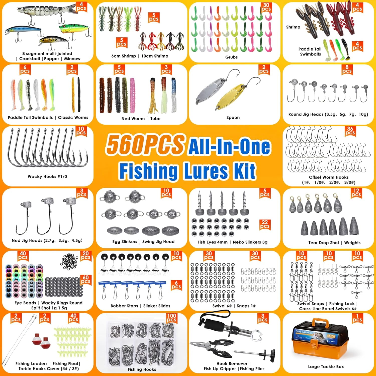 560PCS Fishing Lures Kit with Large 4-Layer Tackle Box, Complete Freshwater Bass Fishing Gear Set with Pliers, Hooks, Crankbait, Sinkers, Jigs, Weights & More Accessories, Gift for Men