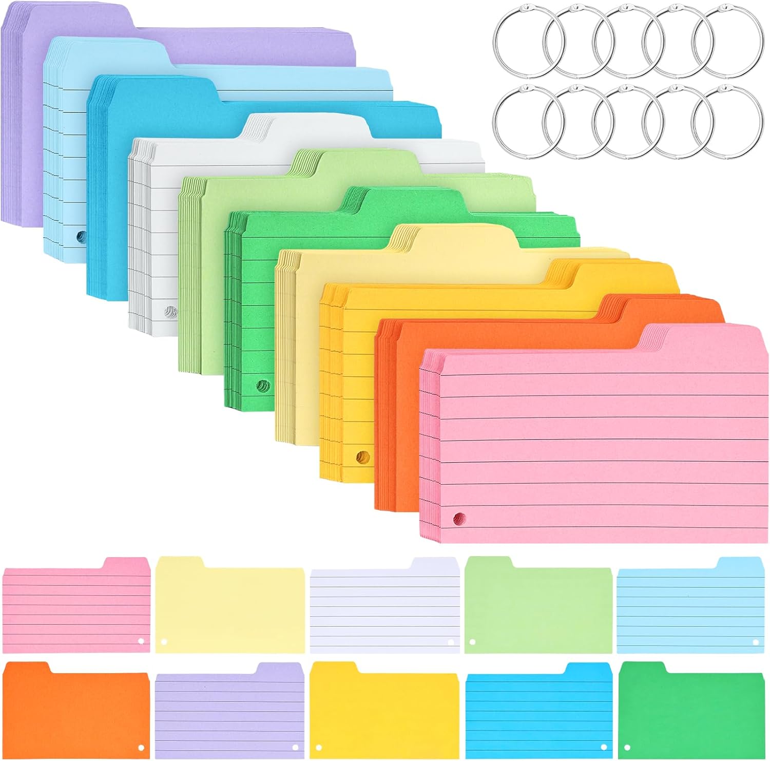 560PCS Tabbed Index Cards, Ruled and Unruled Cards with Rings Tabbed