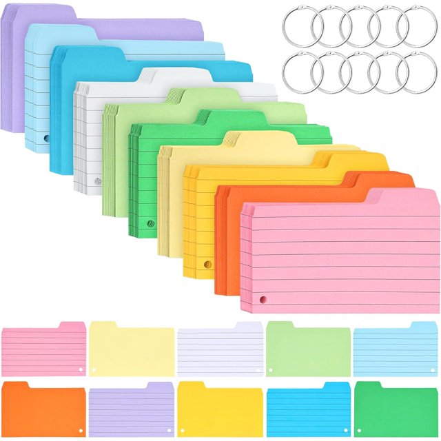 560PCS Tabbed Index Cards, Ruled and Unruled Cards with Rings Tabbed