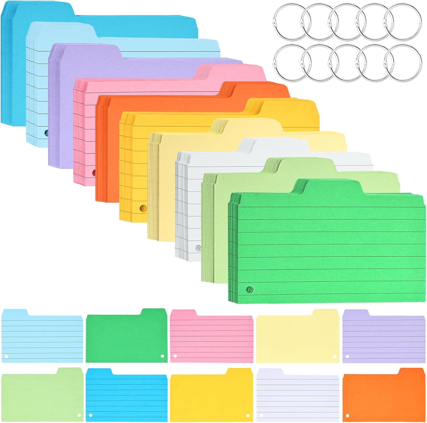 560PCS Tabbed Index Cards, Ruled and Unruled Cards with Rings Tabbed
