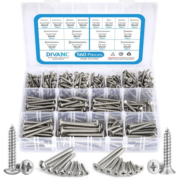 560Pcs 304 Stainless Steel Self Tapping Screws Assortment Set, M3/M4/M5/M6 Flat Head & Round Head Self Tapping Screws Assortment Set, Phillips Drive Wood Screw Assortment Kit (Silver)