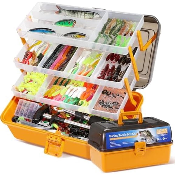 560Pcs Fishing Tackle Box Kit with Lures, Pliers, Hooks & Accessories - 4-Layer Waterproof Storage Box - Complete Fishing Gear Set for Freshwater/Bass Fishing - Ideal Gift for Men