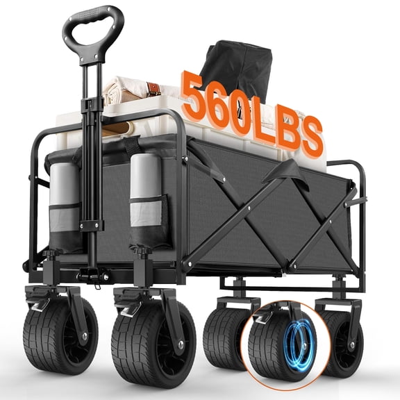 560lbs Large Collapsible Garden Cart with Brakes, Qunler Folding Utility Wagon with Big Wheels for Camping, Grocery, Grey