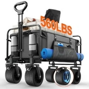 560lbs Large Collapsible Garden Cart with Brakes, Qunler Folding Utility Wagon with Big Wheels and Side Pocket for Camping, Grocery, Grey