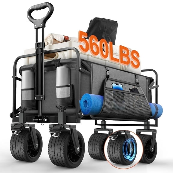 560lbs Large Collapsible Garden Cart with Brakes, Qunler Folding Utility Wagon with Big Wheels and Side Pocket for Camping, Grocery, Grey