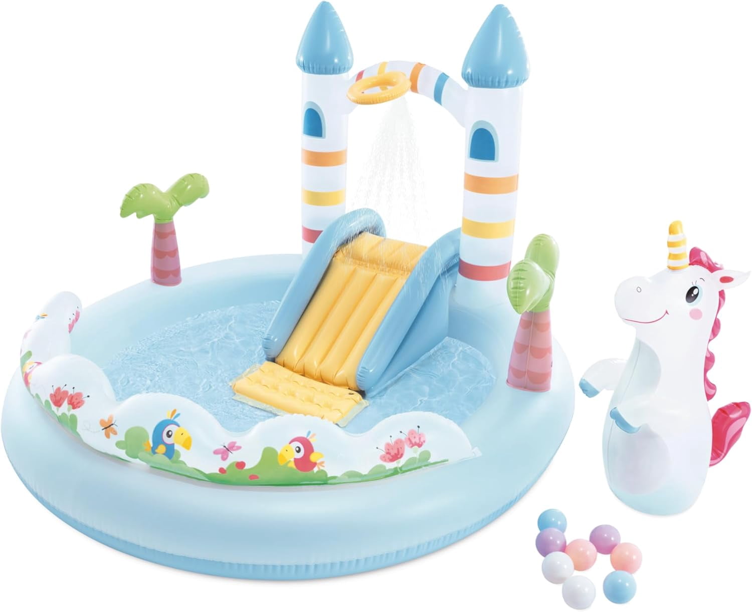 56148EP Unicorn Castle Inflatable Kiddie Pool: Inflatable Kids Pool with Water Sprayer and Slide - Splash Pad - 77" x 70" x 50" - Ages 3+
