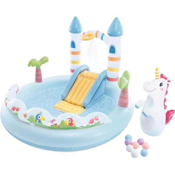 56148EP Unicorn Castle Inflatable Kiddie Pool: Inflatable Kids Pool with Water Sprayer and Slide - Splash Pad - 77" x 70" x 50" - Ages 3+